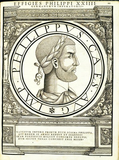 Philippus, ilustración de Imperatorum romanorum omnium orientalium et occidentalium verissimae imagines ex antiquis numismatis de Hans Rudolf Manuel Deutsch